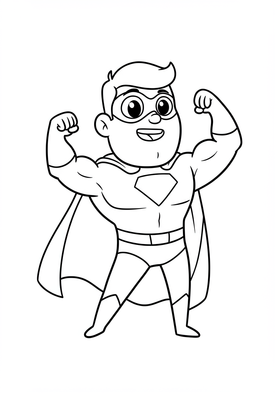 Free printable coloring page featuring a strong superhero character flexing their bicep muscle with a friendly expression, designed with easy outlines for kids to color.