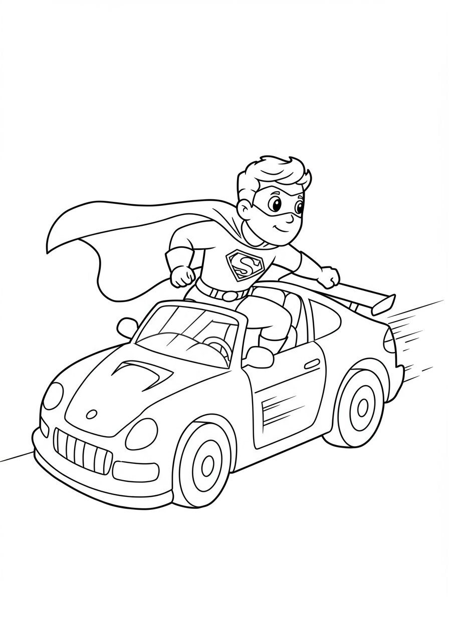 Free printable Supercar Hero speeding chase coloring page featuring a cool hero in a fast car, perfect for kids to color and enjoy.