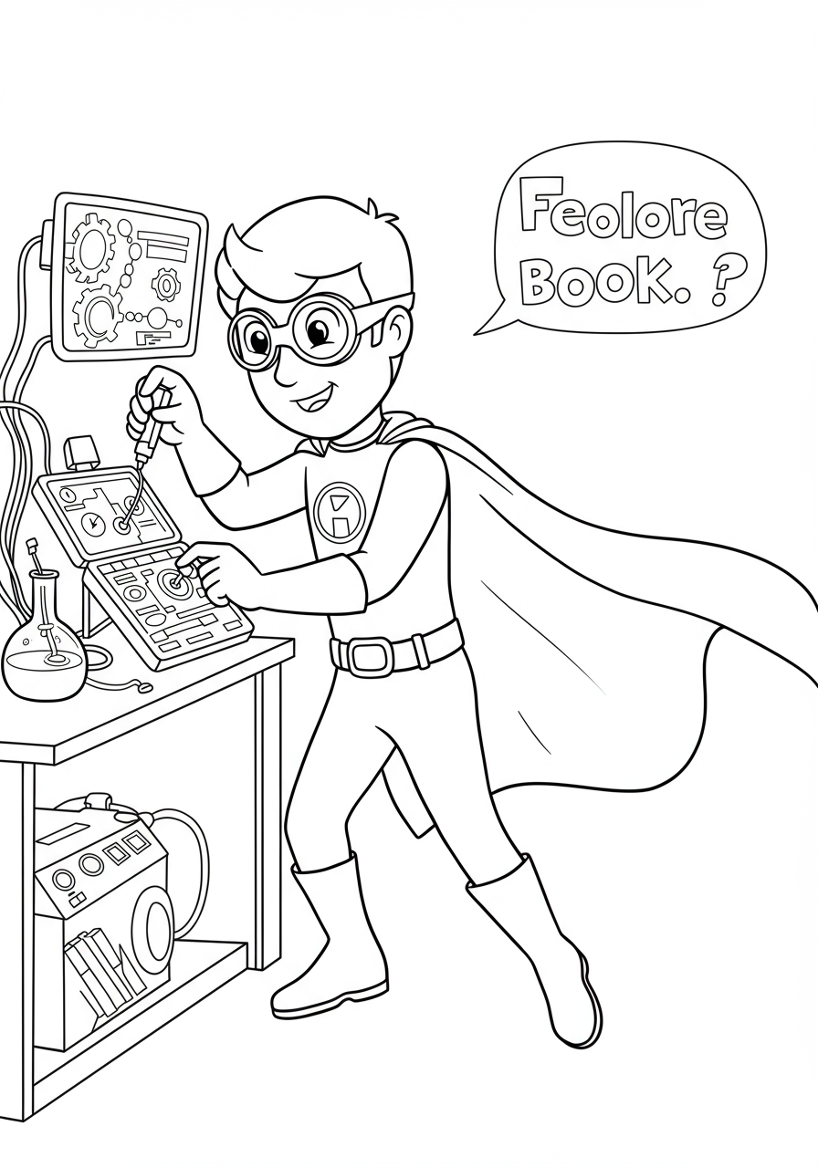 Free printable coloring page featuring a tech genius hero in their lab, inventing a new gadget with wires, gears, and screens. Perfect for kids to color.