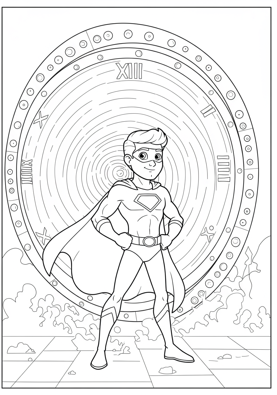 Free printable coloring page featuring a brave superhero standing in front of a swirling time travel portal, ready for an adventure. Easy difficulty for kids.