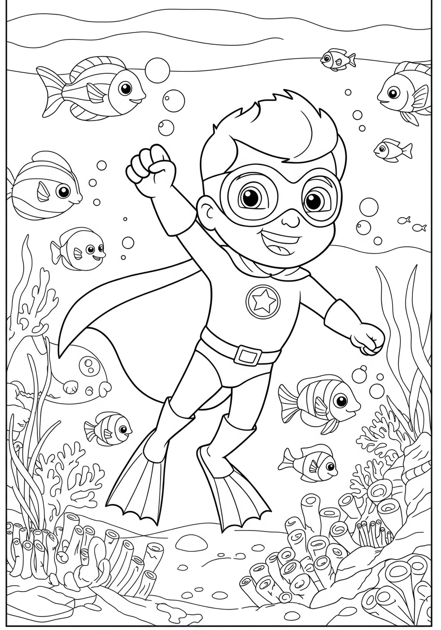 Free printable coloring page depicting an easy-to-color underwater superhero with mask and fins on a mission, surrounded by friendly fish and coral reefs.