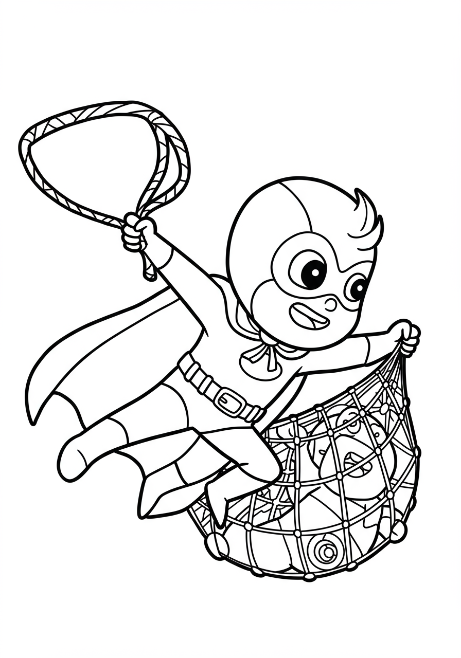 Free printable coloring page showing a comical villain caught in a superhero's net, ready for kids to color with bright colors and imagination.