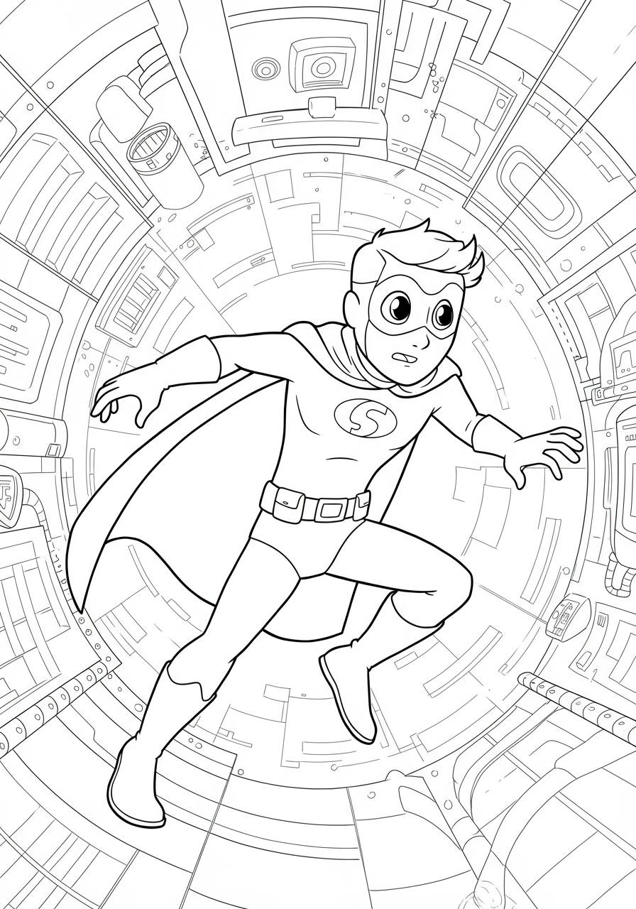 Free printable coloring page showing a superhero sneaking through a villain's high-tech lair, demonstrating stealth and bravery.