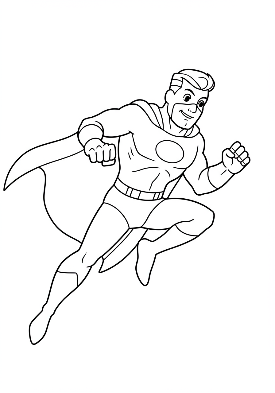 Free printable vintage comic hero dynamic coloring page for kids, showing a classic superhero in an action pose with bold outlines, perfect for easy coloring.