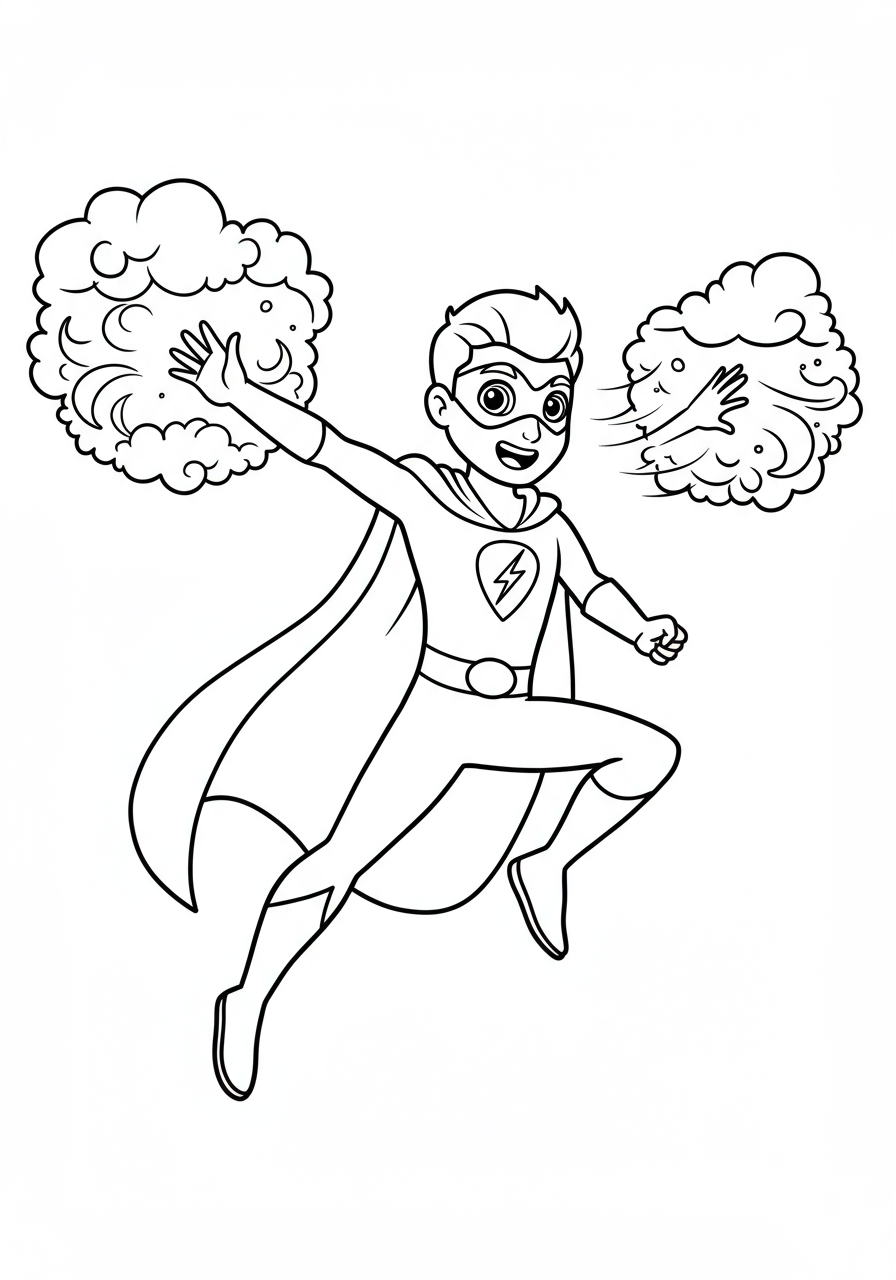 Free printable coloring page featuring a Weather Control Hero Storm, a superhero summoning clouds and wind with their elemental powers, perfect for kids.