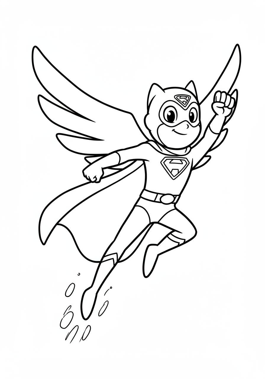Free printable coloring page featuring a simple, stylized winged hero symbol soaring against a clear background, designed for easy coloring by kids.