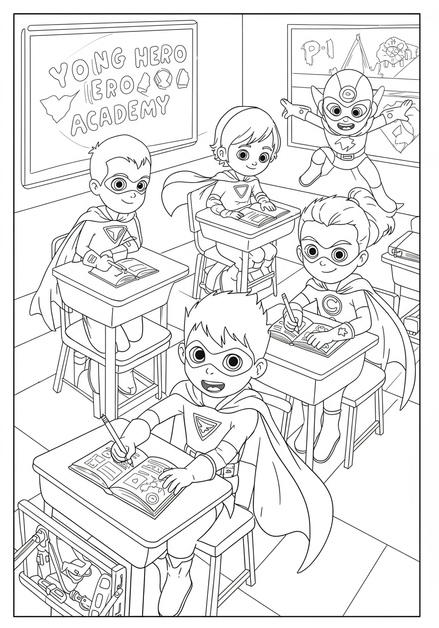 A free printable coloring page depicting a group of diverse young superheroes sitting in a classroom at a Young Hero Academy, ready to learn, with simple, clear lines perfect for easy coloring.