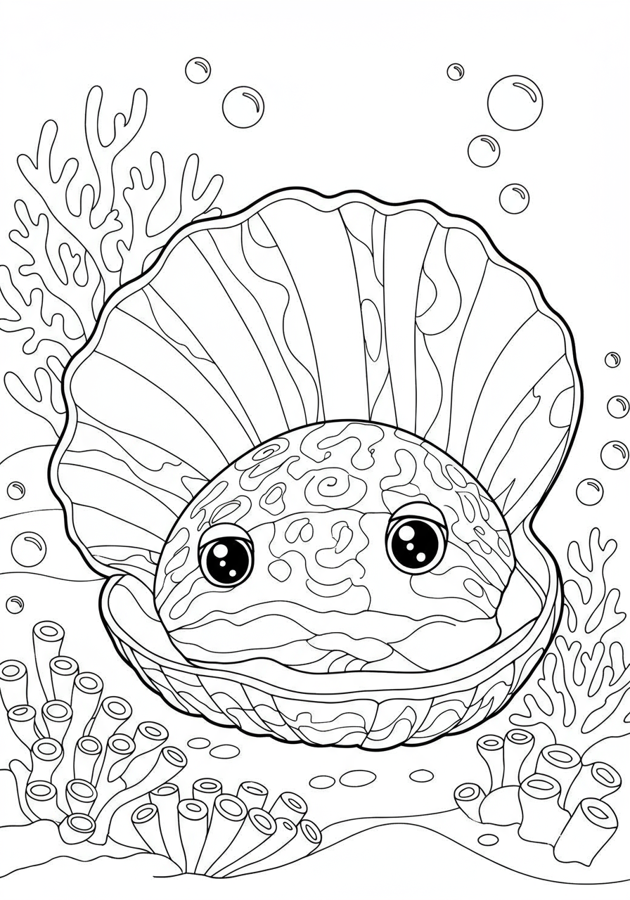 A free printable coloring page featuring an abalone shell with swirling, iridescent patterns for kids to color.