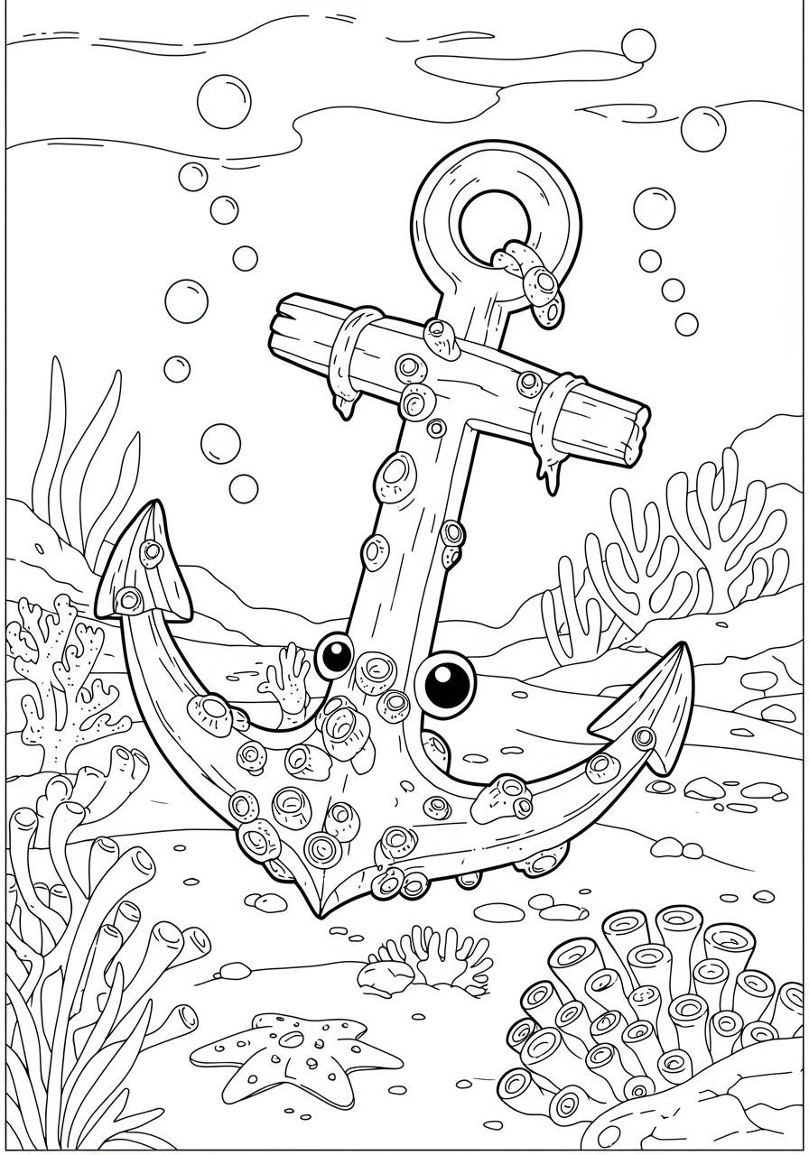 Free printable coloring page depicting an old anchor covered in many small barnacles on the ocean floor, ready for kids to color.