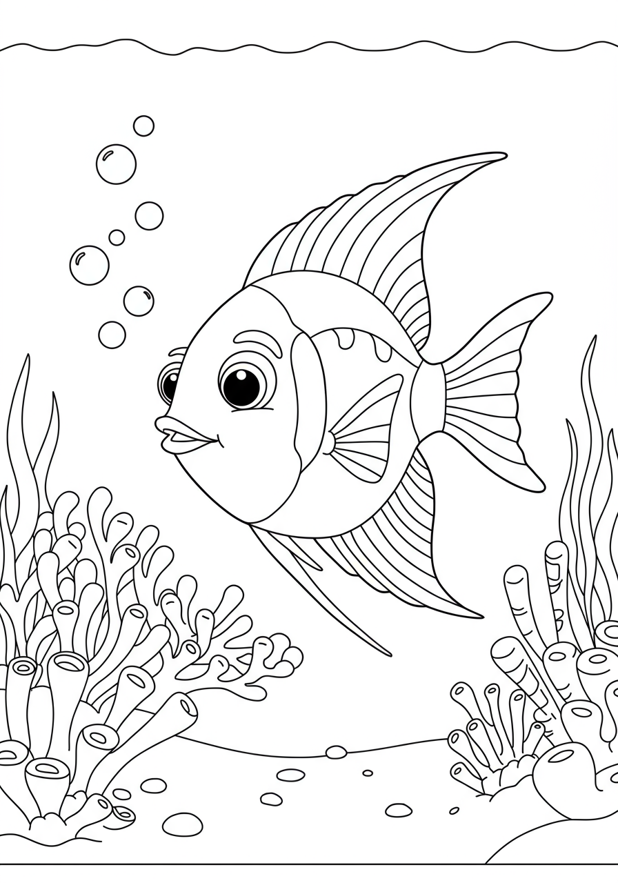 Free printable Angelfish Swimming Anemone coloring page for kids, featuring a simple and easy-to-color ocean scene.