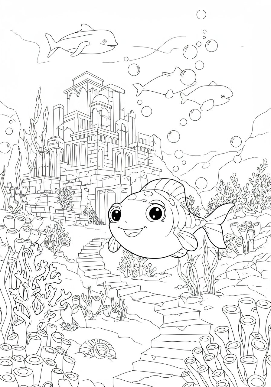 A free printable coloring page depicting the ancient sunken city of Atlantis with underwater ruins and sea creatures for kids.