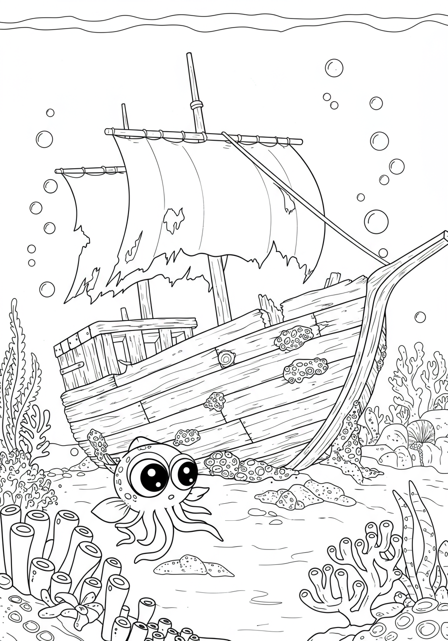 Free printable coloring page featuring a detailed but easy-to-color old shipwreck covered in barnacles under the sea.