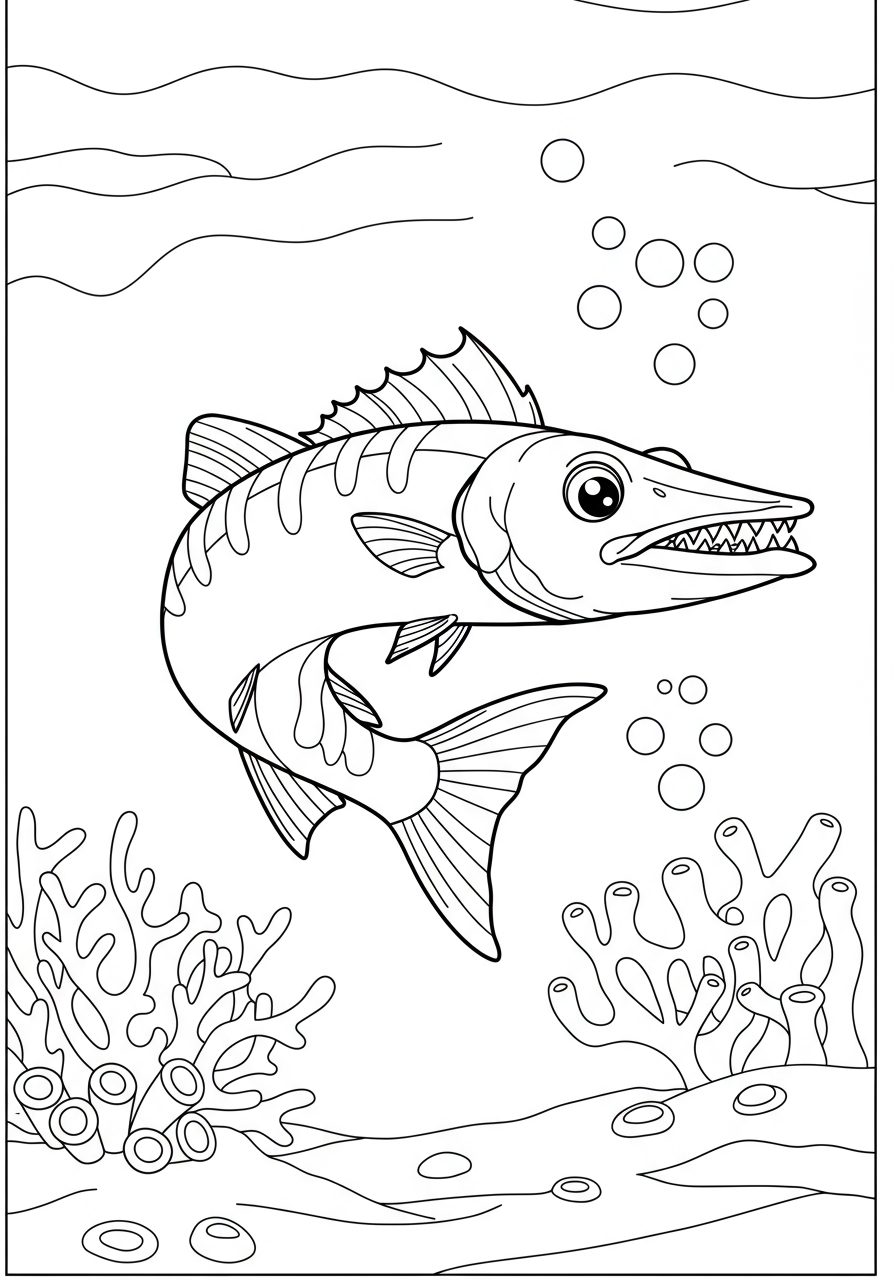 A free printable coloring page featuring a barracuda with sleek silver fins, swimming in the ocean, designed for kids.