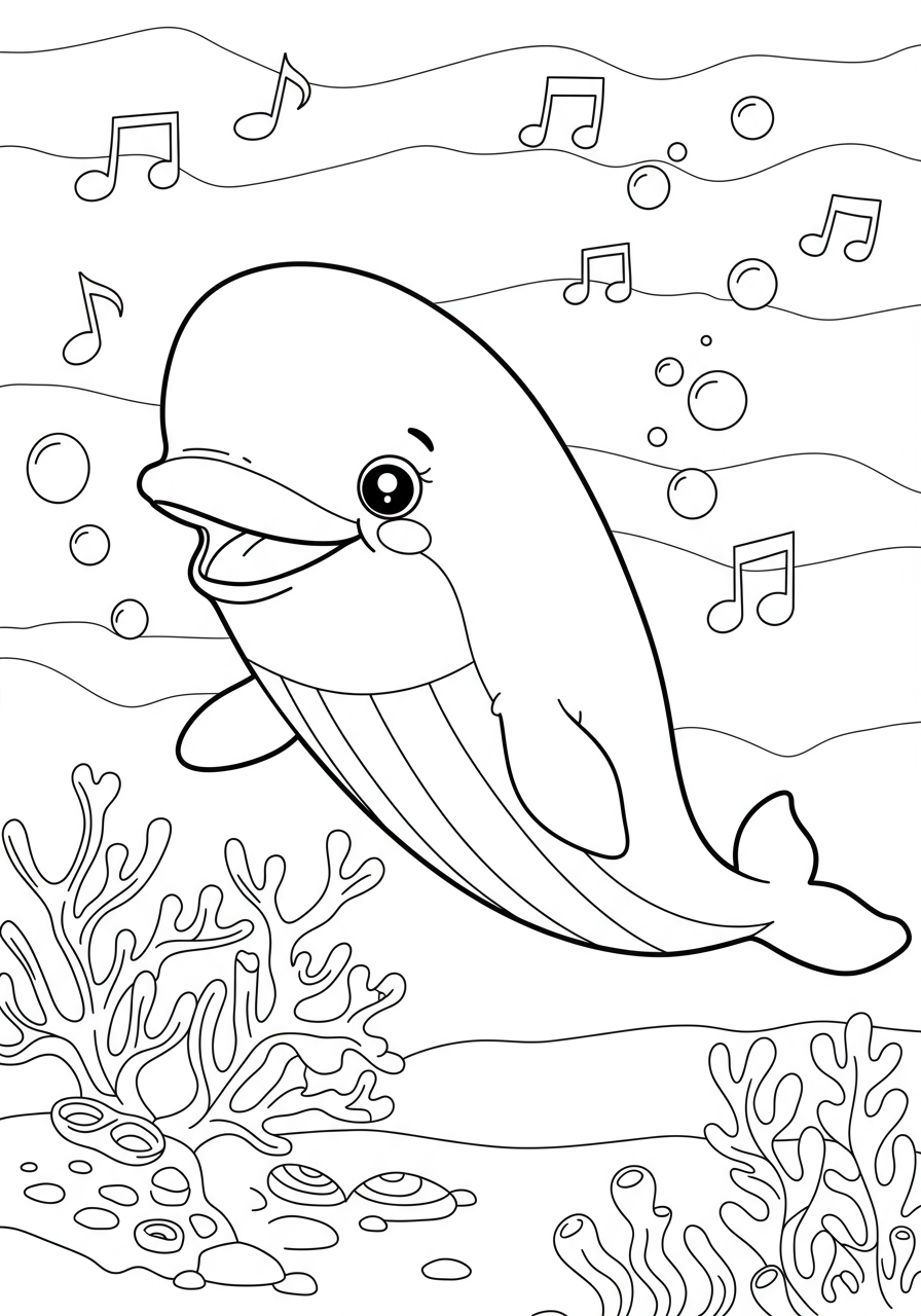 Free printable coloring page featuring a happy beluga whale singing cheerfully, surrounded by musical notes and bubbles in the ocean, perfect for kids.