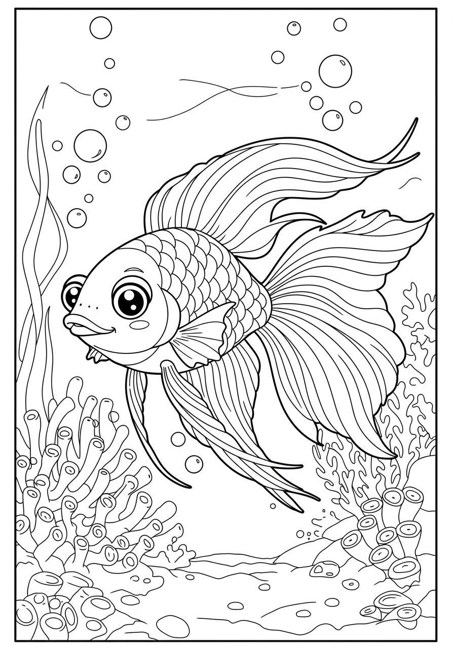 A free printable coloring page featuring a Betta fish with long, flowing fins in an under-the-sea setting, ready for kids to color.