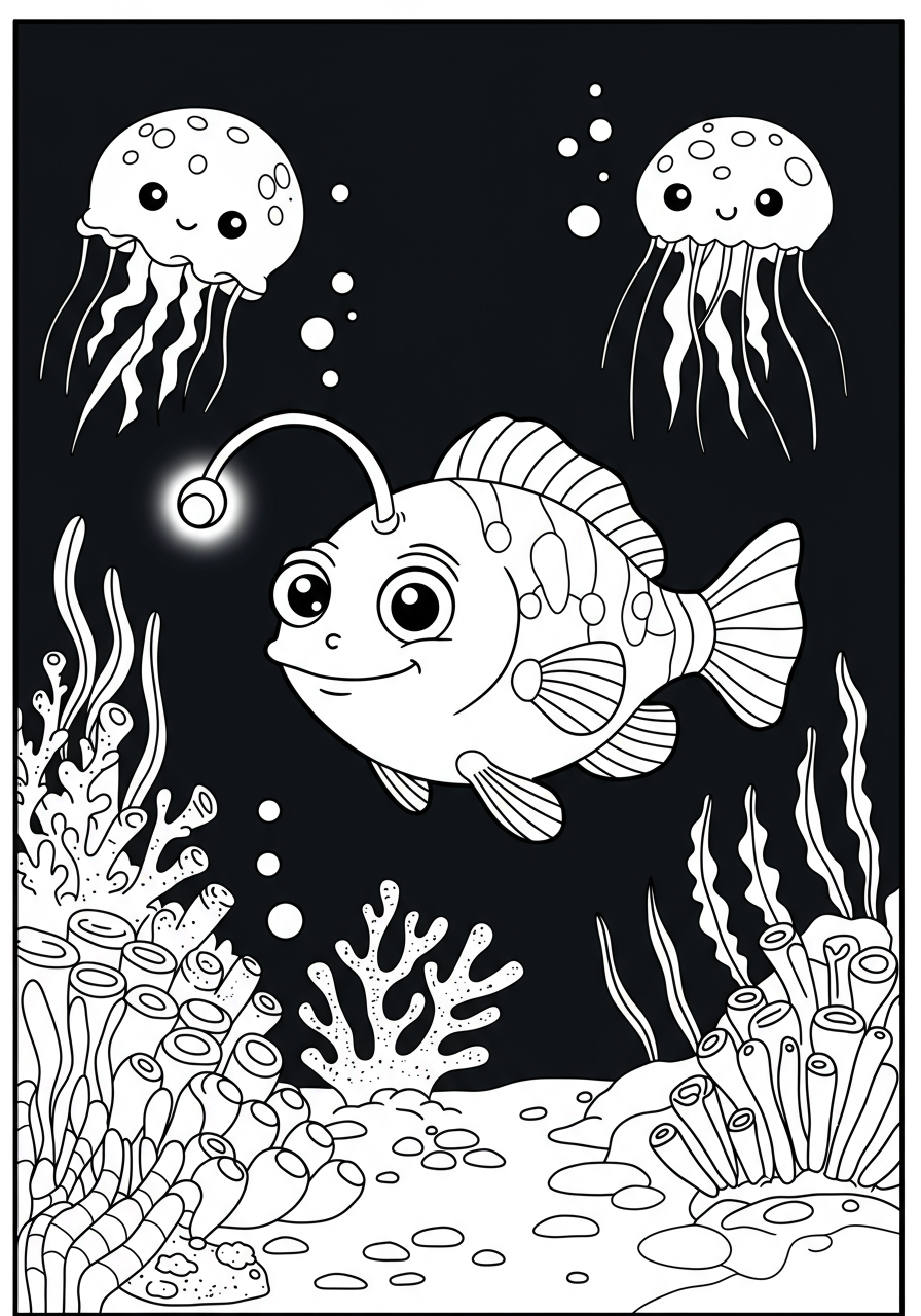 Free printable coloring page featuring bioluminescent deep-sea creatures like an anglerfish and jellyfish glowing in the darkness, easy for kids to color.