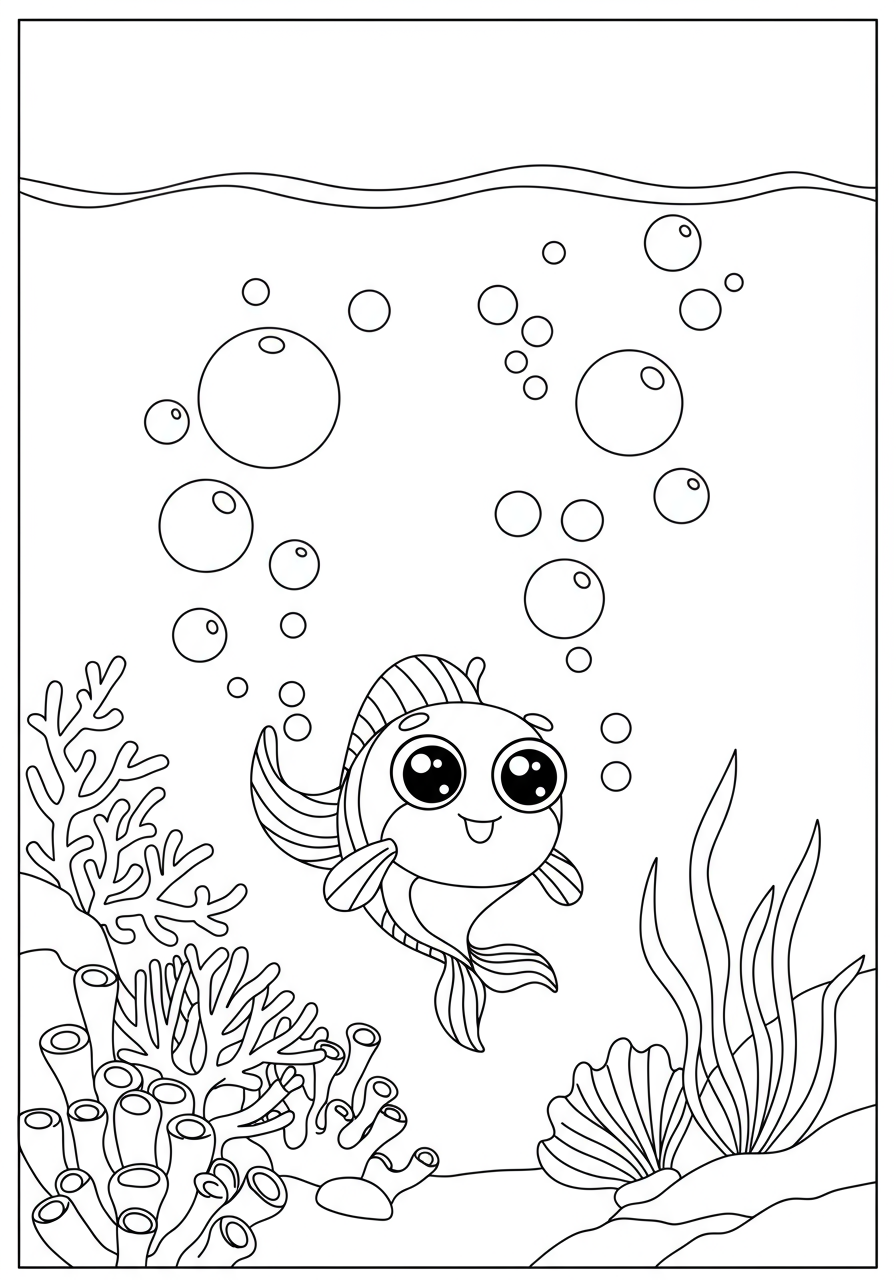 Free printable coloring page featuring cartoon bubbles gracefully rising to the surface of the ocean, perfect for young children to color.