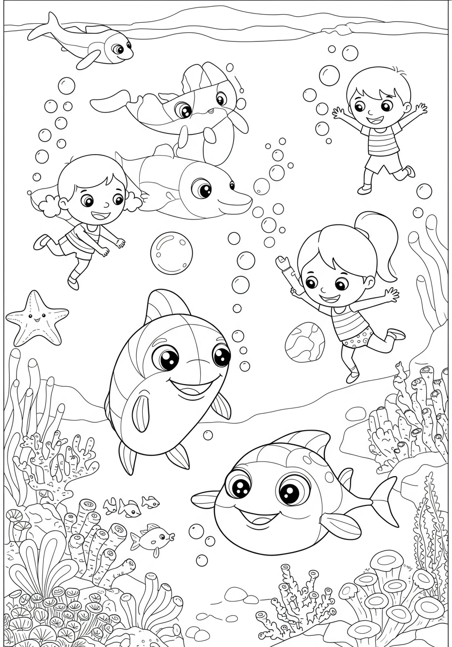 Free printable coloring page depicting children playing various games underwater with friendly marine life.