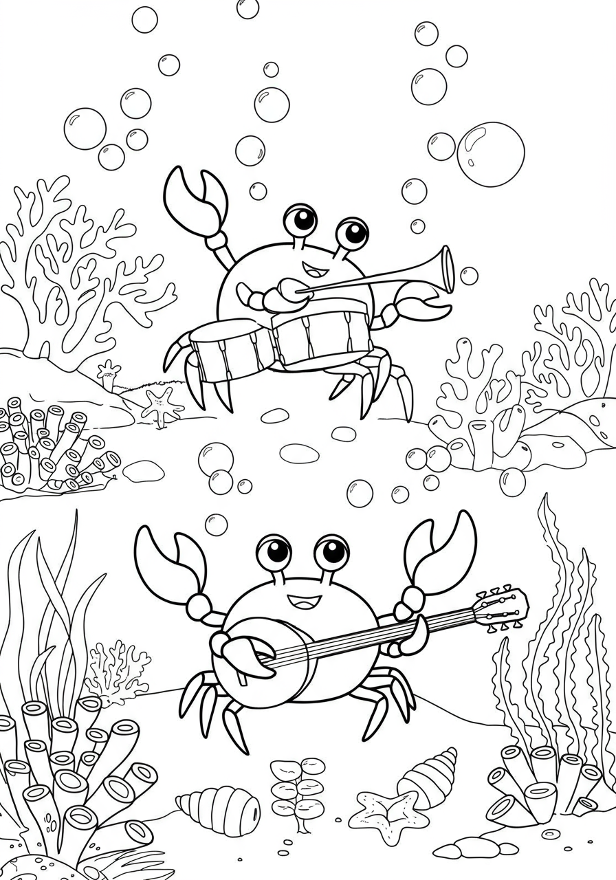 Free printable coloring page featuring a lively crab band playing various musical instruments under the sea, surrounded by bubbles and seaweed. Perfect for kids.