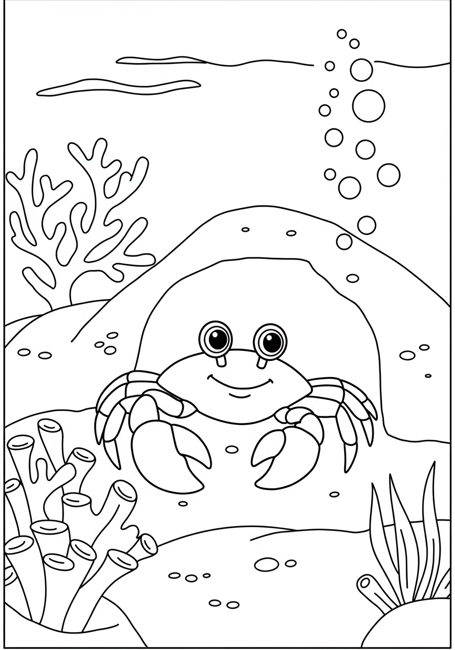 Free printable coloring page featuring a friendly crab hiding inside a sandy cave at the bottom of the ocean, perfect for kids and easy to color.