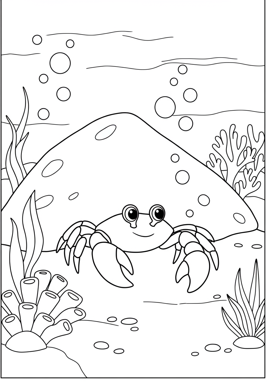 A free printable coloring page showing a friendly crab peeking out from under a large rock on the ocean floor, with small bubbles and seaweed.