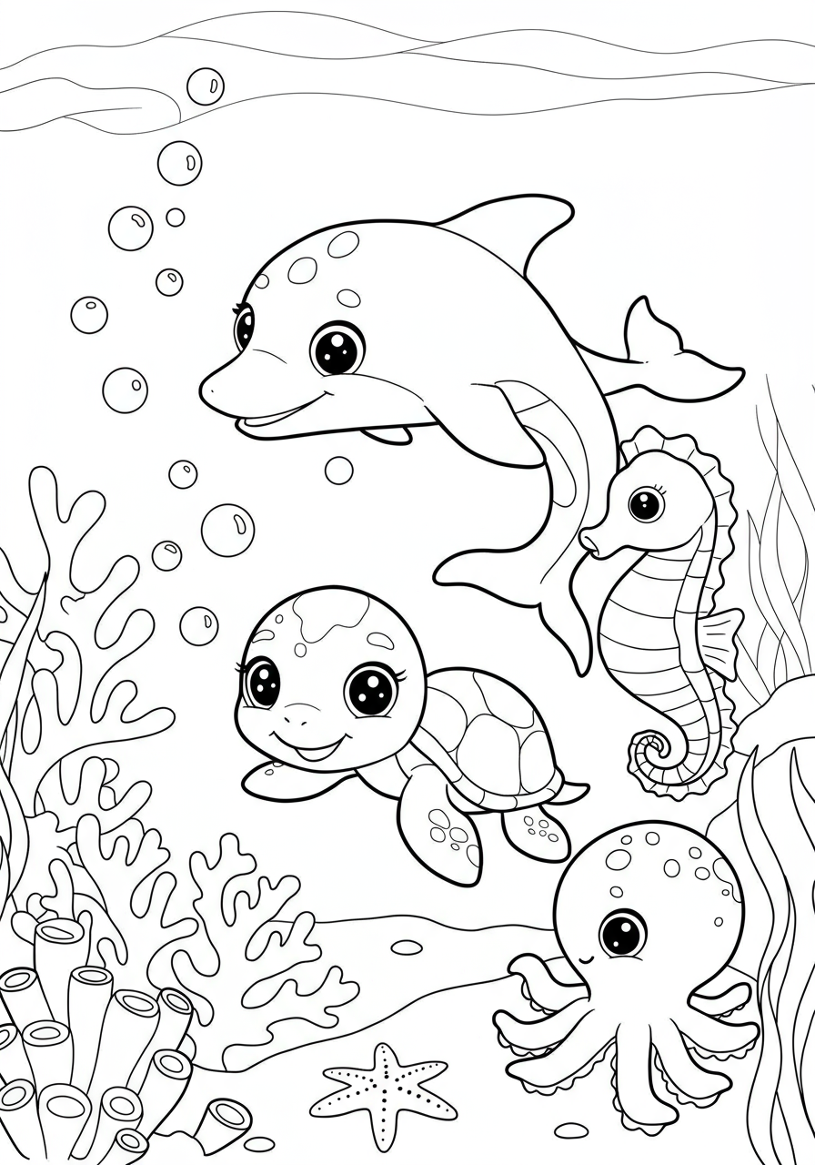 Free printable coloring page featuring cute baby sea animals like a baby dolphin, turtle, seahorse, and octopus exploring coral in the ocean, perfect for easy coloring.