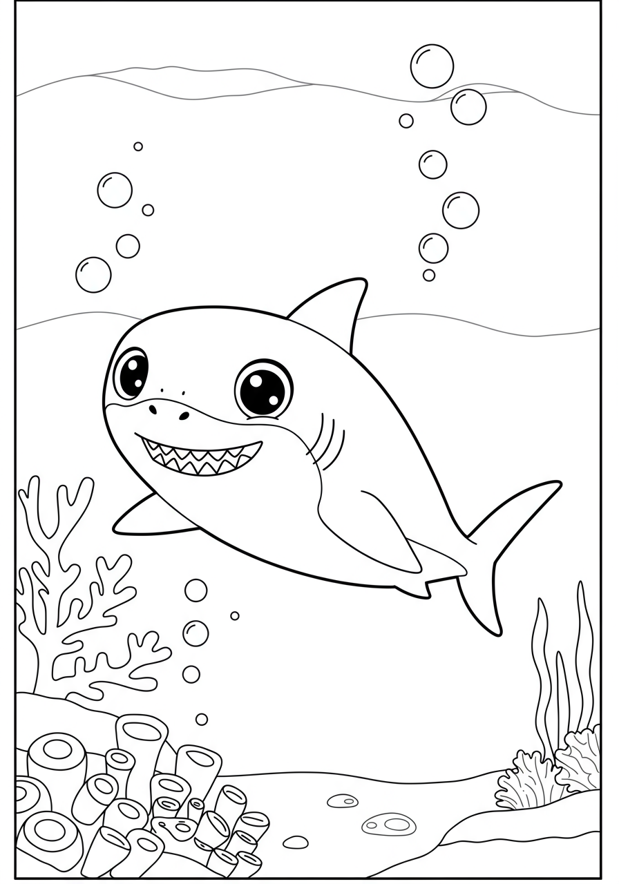 Free printable coloring page of a cute baby shark with a big, friendly smile swimming in the ocean, easy difficulty for kids.