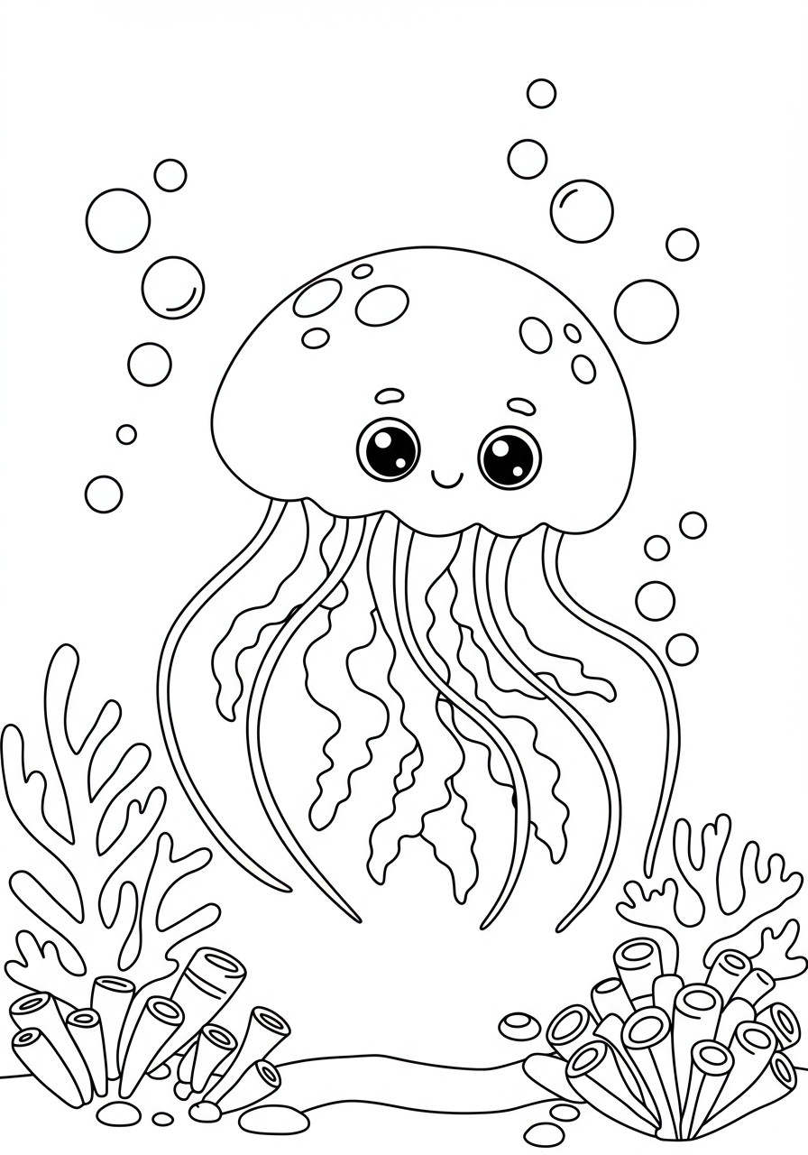Free printable coloring page featuring a cute, friendly jellyfish with flowing tentacles floating among many cheerful bubbles under the sea, perfect for kids.