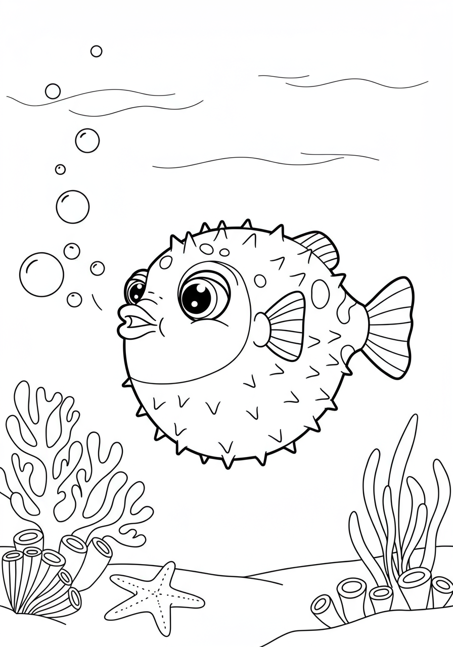 Free printable cute pufferfish blowing a kiss coloring page for kids, an easy under-the-sea activity.