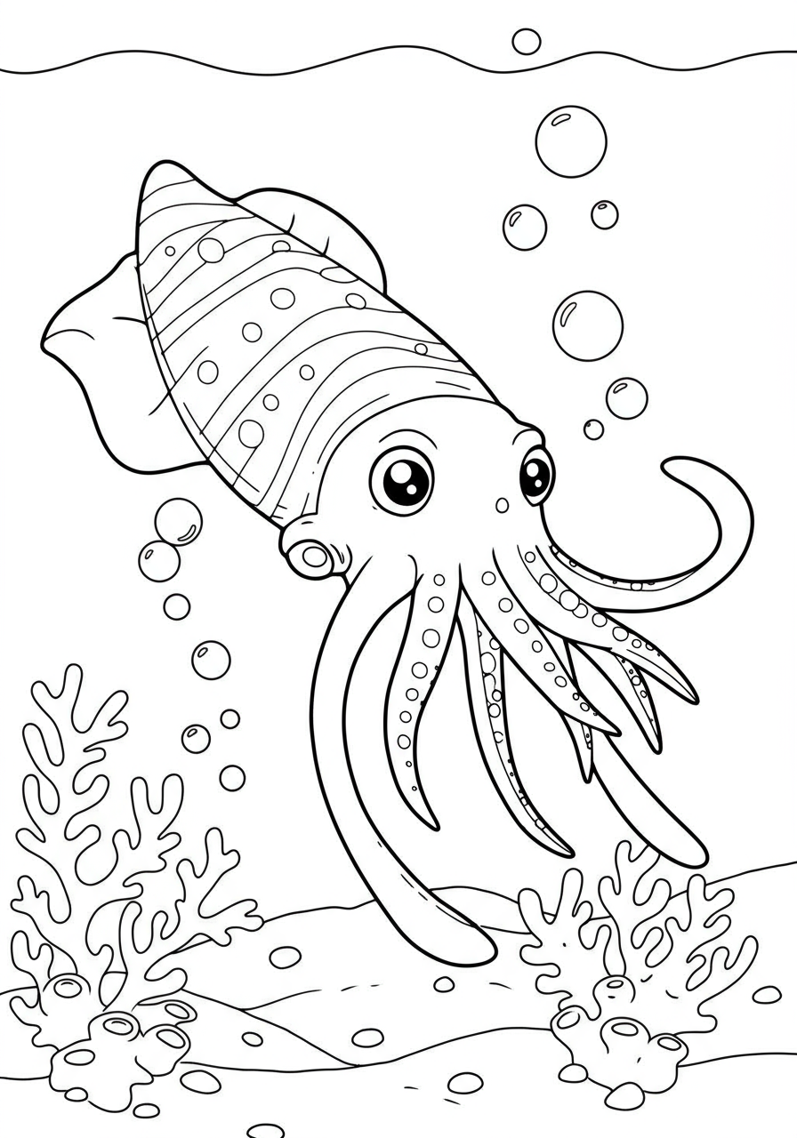 Free printable coloring page featuring a cuttlefish actively changing colors underwater with simple bubbles and a coral branch, perfect for kids.