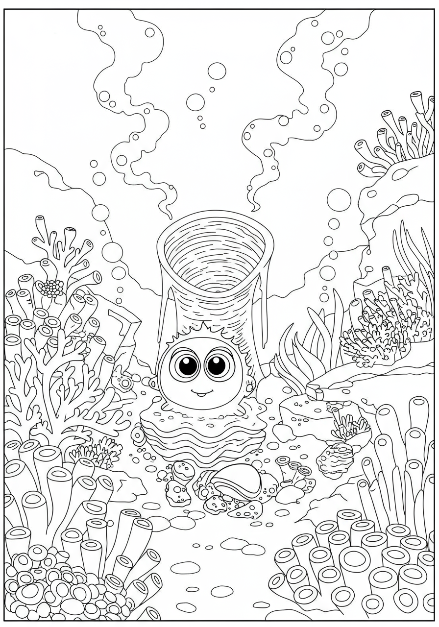 A free printable coloring page depicting a deep sea hydrothermal vent, 'smoking' with mineral-rich water, surrounded by unique ocean creatures like tube worms and giant clams.