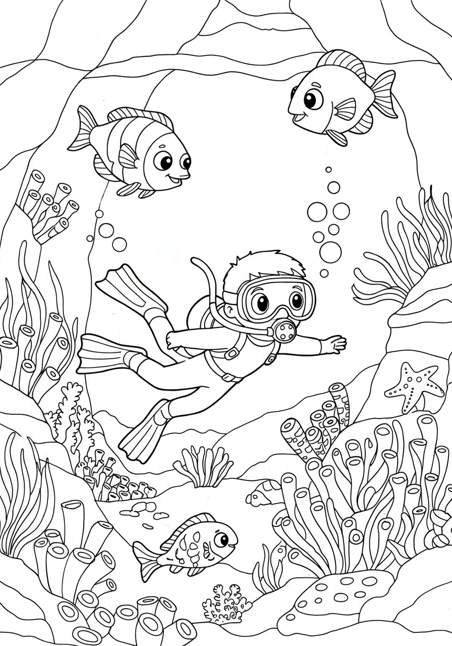 A free printable coloring page showing a cartoon diver with a mask and fins exploring an underwater cave filled with simple fish and coral.