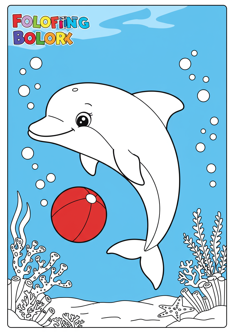 Free printable coloring page featuring a happy dolphin playing with a red ball in the clear blue ocean, with simple lines for easy coloring.