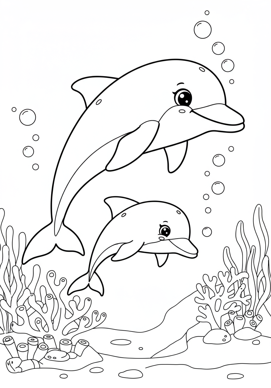 Dolphin Pod Jumping coloring page for kids