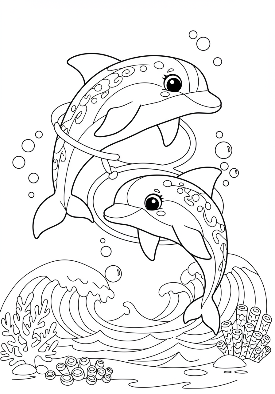 Free printable coloring page featuring two cheerful dolphins jumping through a hoop over ocean waves, perfect for kids.