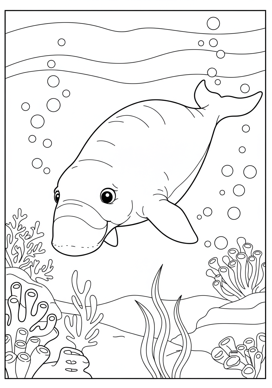 Free printable coloring page featuring a peaceful dugong swimming through the ocean, gently grazing on a bed of seagrass, perfect for kids to color.