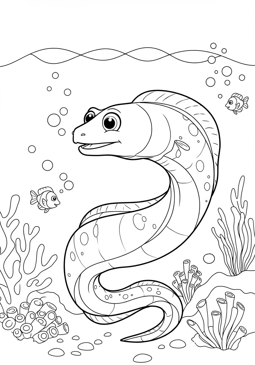 Free printable coloring page featuring an electric eel shocking water, with bubbles and small fish reacting, perfect for kids learning about marine life.