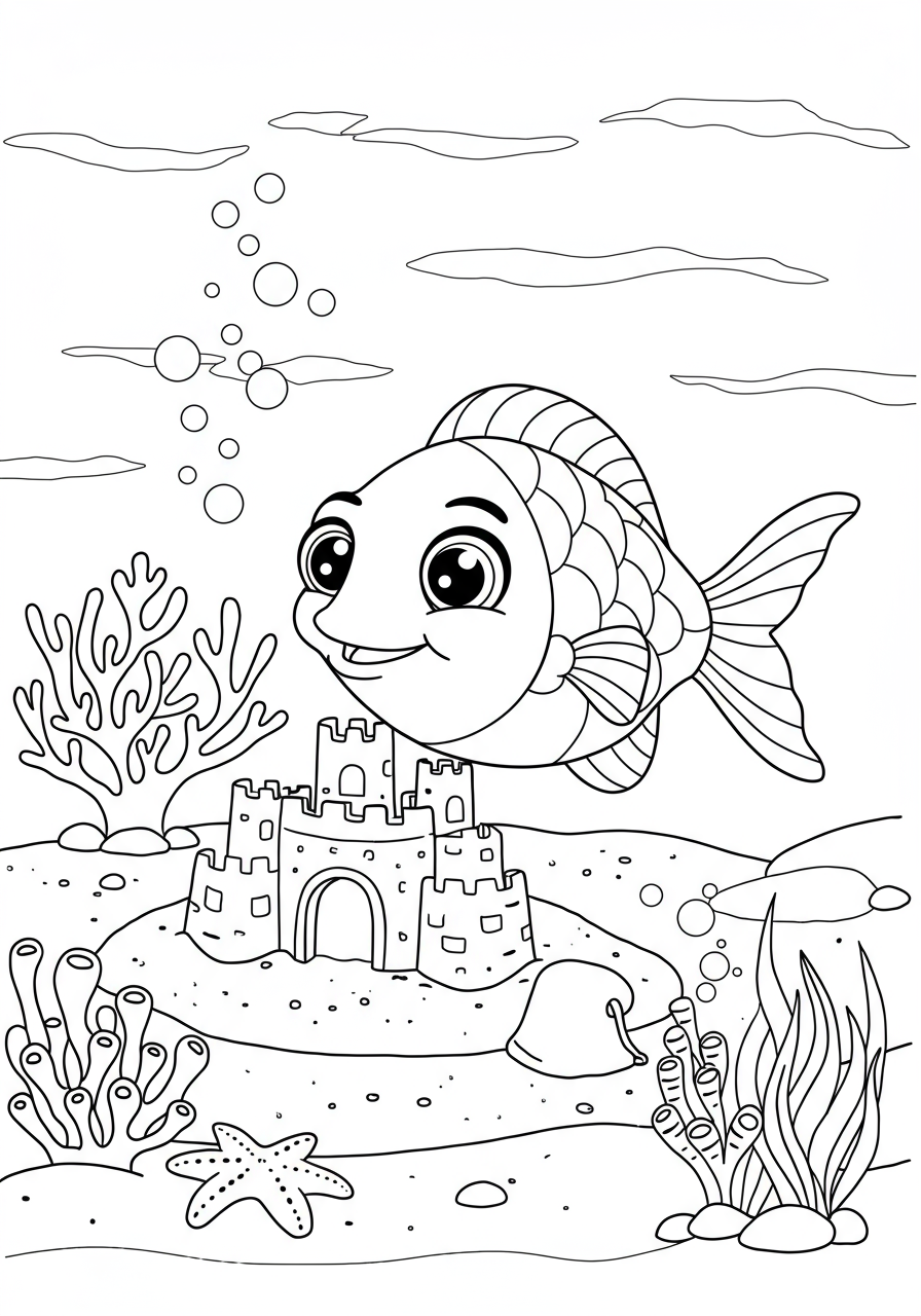 Free printable coloring page featuring cartoon fish building a sandcastle under the sea, designed for easy coloring by kids.