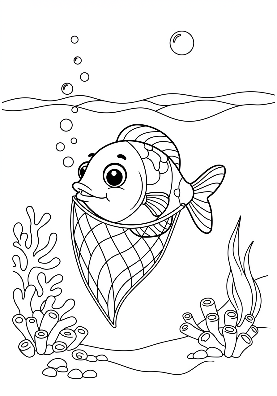 Free printable Fish Escaping a Net coloring page for kids showing a small, determined fish wriggling out of a fishing net in the blue ocean.