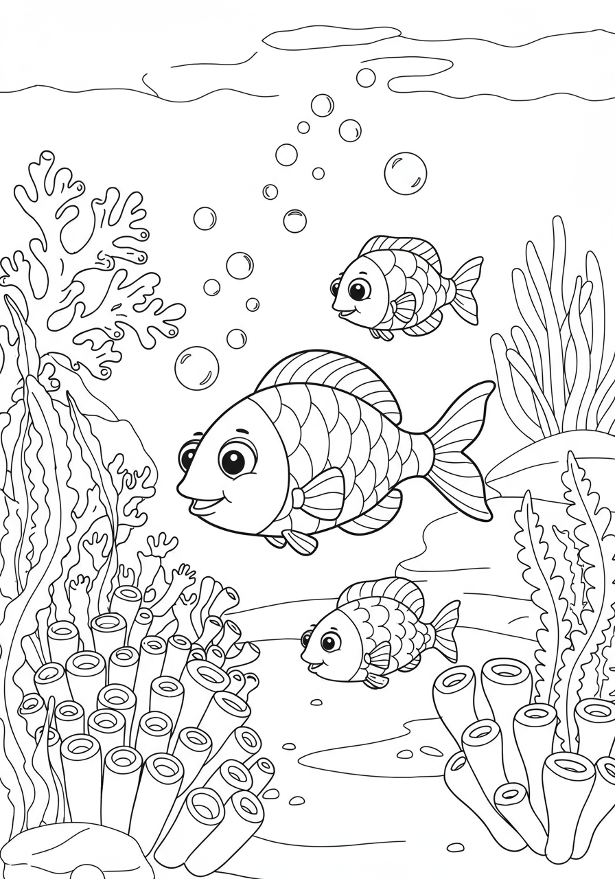 Free printable coloring page featuring cartoon fish playing hide-and-seek among colorful coral and seaweed in an easy under-the-sea scene for kids.