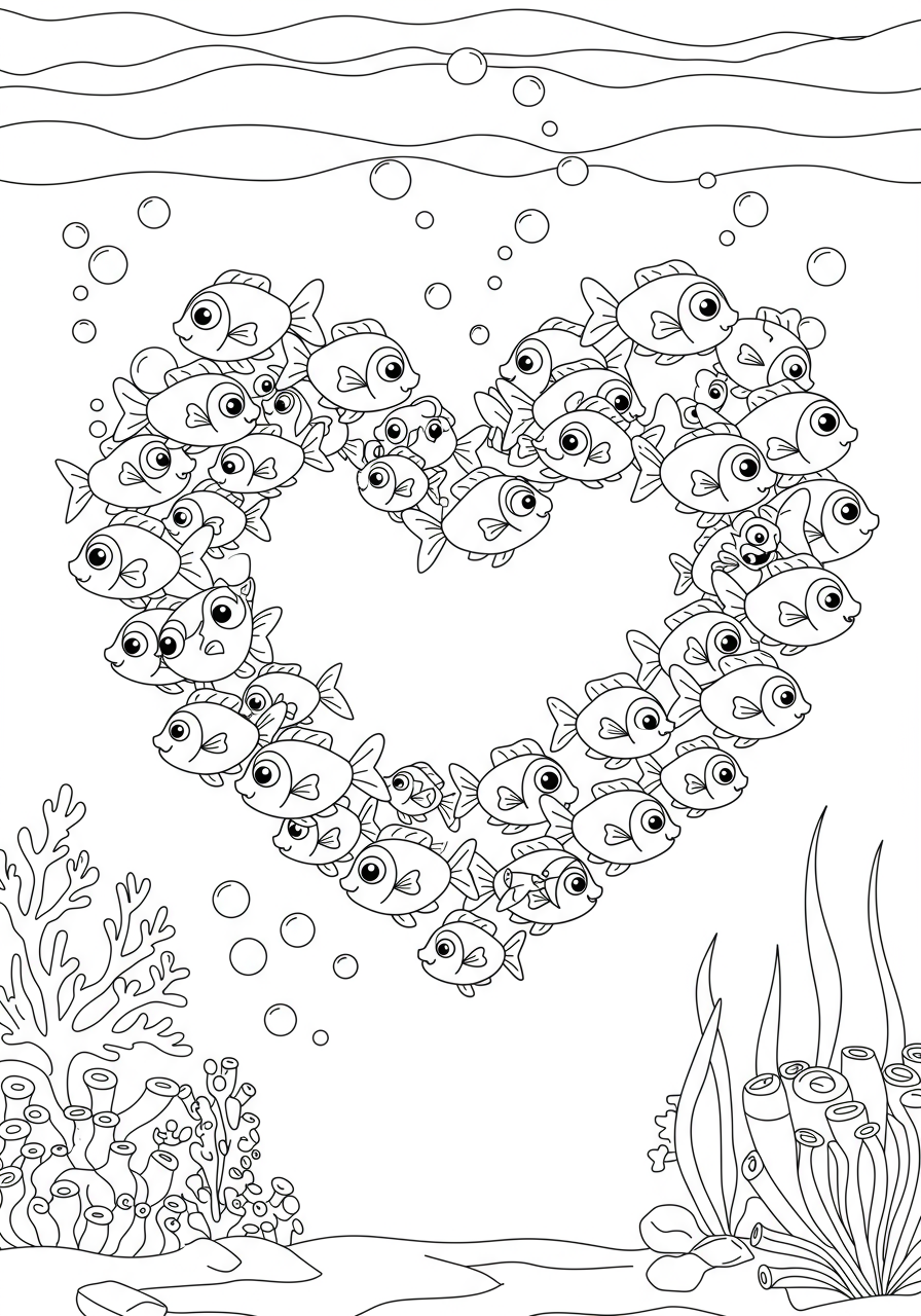 Free printable coloring page showing a school of small fish swimming together to form a perfect heart shape, with simple ocean bubbles in the background, designed for kids.