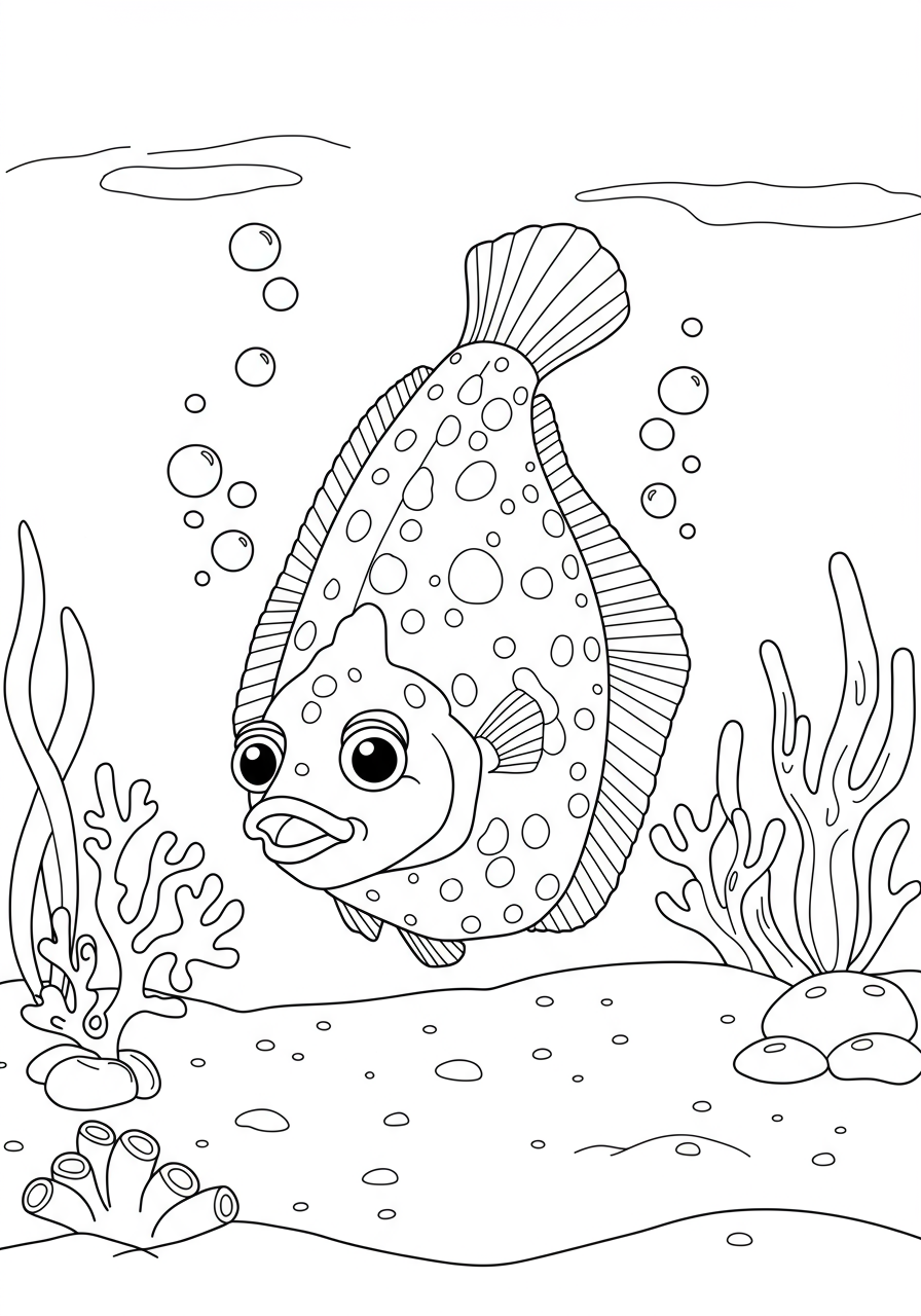 Free printable coloring page featuring a flounder fish expertly camouflaged on a sandy ocean floor, perfect for kids.