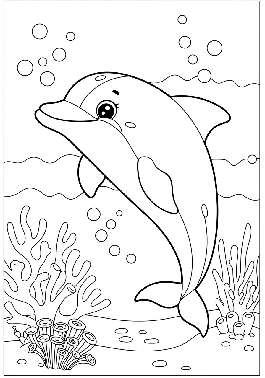 A free printable coloring page showing a friendly, smiling dolphin swimming next to colorful coral and small ocean plants in an easy-to-color underwater scene.