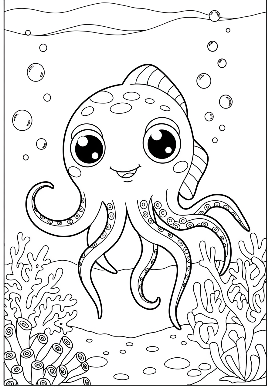 A cheerful, smiling friendly sea monster with large eyes and gentle tentacles, swimming in the ocean, a free printable coloring page for kids.