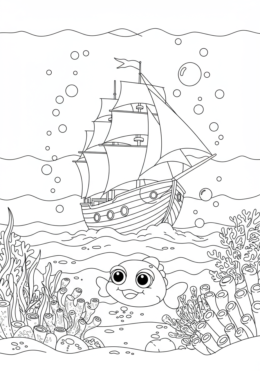 Free printable Ghost Ship Under-the-Sea coloring page for kids, featuring a simple outline of a ghostly sailing ship amidst gentle ocean currents and bubbles.