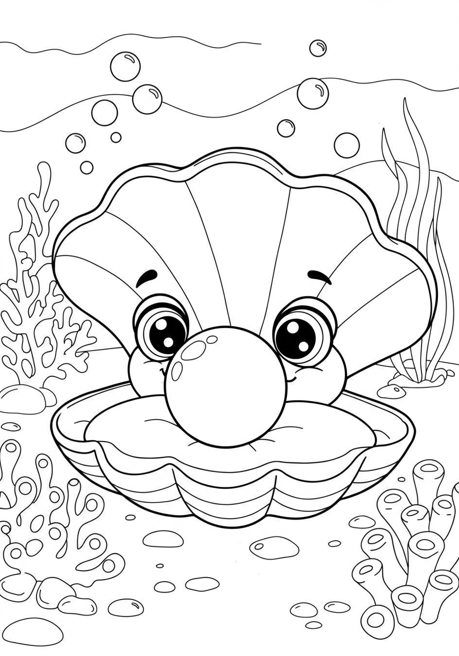 Free printable coloring page depicting a cheerful giant clam with its shell open, revealing a large, sparkling pearl inside, set in an easy-to-color underwater scene perfect for kids.