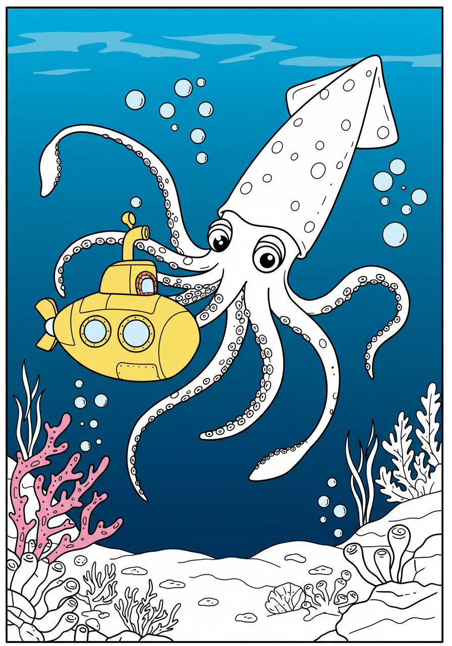 Free printable coloring page featuring a giant squid with long tentacles attacking a yellow submarine in the dark blue deep ocean, suitable for kids.