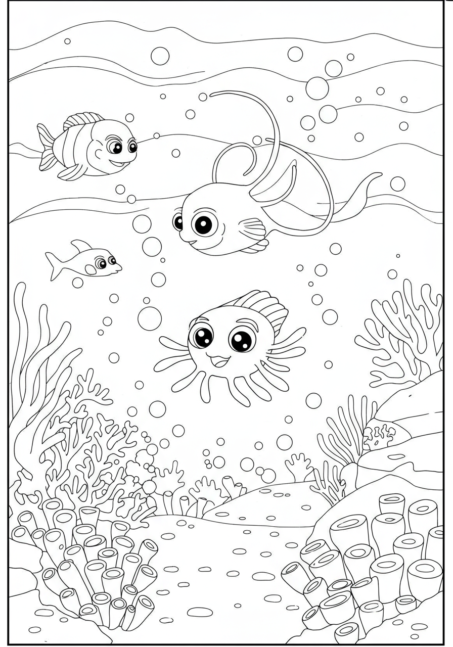 Free printable coloring page depicting a magical glowing plankton night scene underwater, with bioluminescent dots illuminating the ocean and silhouettes of marine life, perfect for kids.