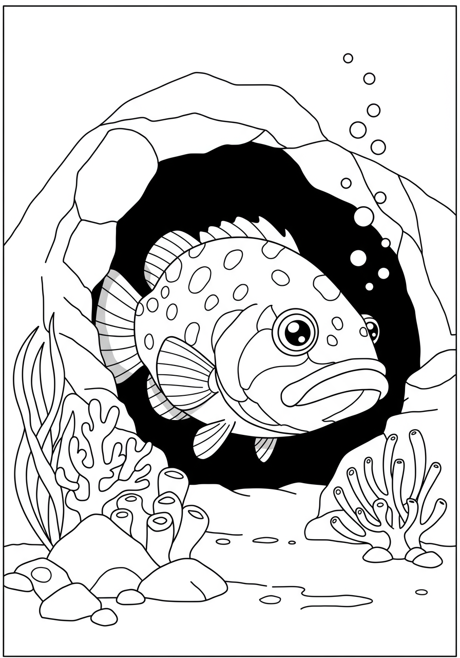 Free printable coloring page featuring a large grouper fish peeking out from a rocky cave under the sea, designed for easy coloring by kids.