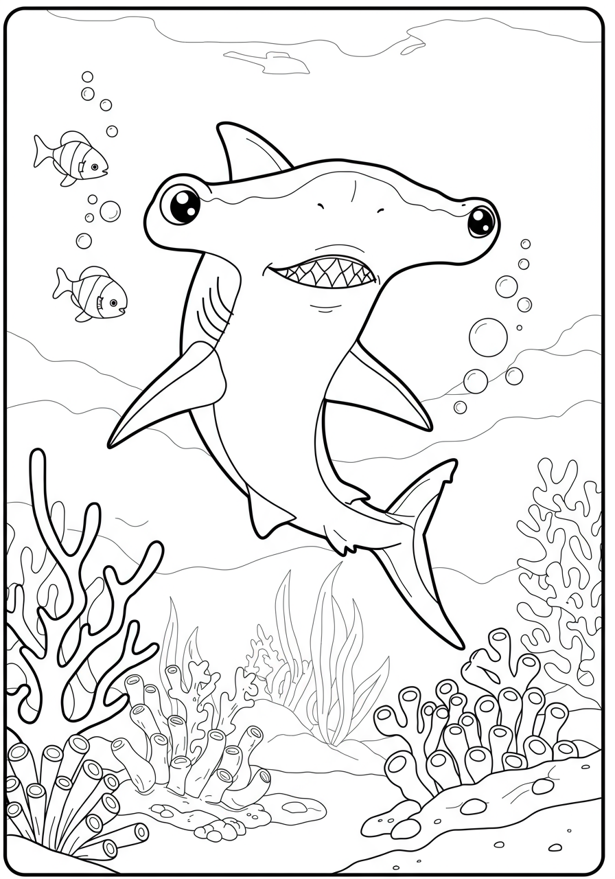 Free printable coloring page featuring a hammerhead shark actively hunting smaller fish in the ocean, perfect for kids.